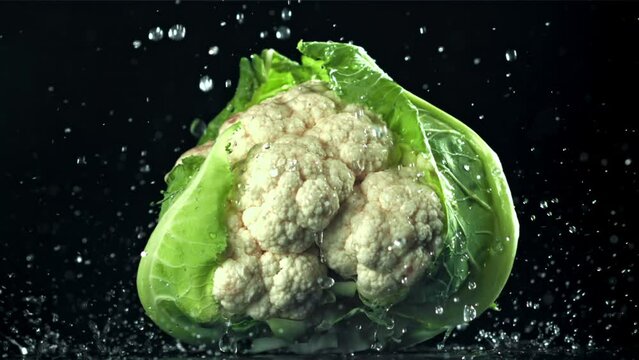 Raindrops fall on cauliflower. Filmed on a high-speed camera at 1000 fps. High quality FullHD footage
