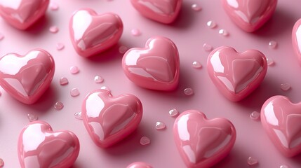 A background with pink hearts on a pink background in minimalist trend. Pink hearts in soft tones for Valentine's or wedding day. Concept symbolizing love.