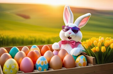 Easter.A white cartoon and cheerful bunny sits in a car truck with Easter colorful eggs. Truck on the background of the road and green grass with flowers, sunset rays of the sun. Egg delivery.
