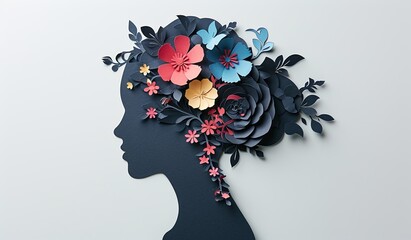 Paper cut of female head with flowers and leaves