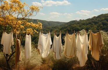 A picturesque outdoor scene captures the peacefulness of nature as clothes sway gently on a clothesline against a backdrop of blue skies, towering trees, lush plants, and rolling mountains