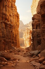 A rugged canyon winds through the majestic mountains, revealing the ancient bedrock formations and dramatic escarpments of the barren desert landscape