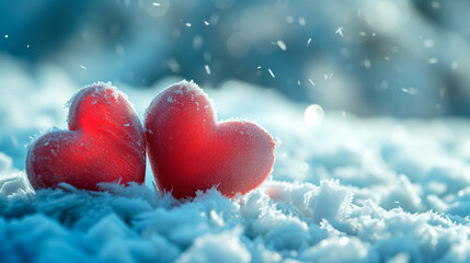 Obraz premium Poster or banner of two hearts sitting on the snow covered ground under light. Vibe of Valentine day and romantic