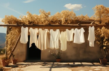 A vibrant landscape captured through the clothesline outside, connecting the sky and ground with the natural elements of clouds, plants, and trees