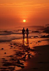 Fototapeta na wymiar Against the stunning backdrop of a fiery sunset, a couple stands hand in hand, their silhouettes cast against the crashing waves as the tide rolls in