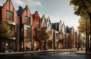 Fototapeta premium A bustling autumn street in a quaint town lined with charming mixed-use brick buildings, adorned with trees and lively people gazing out of windows to the serene sky