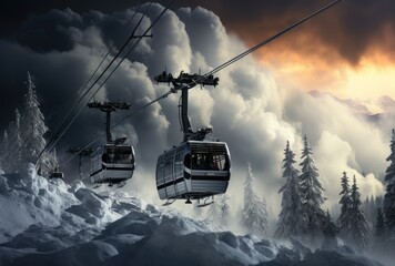A snowy scene of bustling transportation as gondolas glide through the clouds, carrying eager skiers up the majestic mountain for a day of thrilling skiing and winter wonder - obrazy, fototapety, plakaty