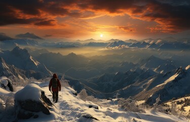 A lone mountaineer treks through the arctic landscape, braving the snowy slopes and icy terrain as the sun sets behind the majestic mountain range - obrazy, fototapety, plakaty