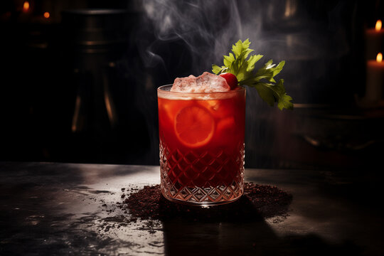 Alcoholic cocktail Bloody Meri with parsley, lemon, tomato and ice on a dark background on the bar counter