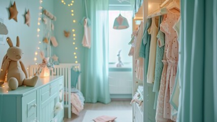 Obraz na płótnie Canvas knitted clothes in a wardrobe for children in cozy light mint colors in a bright children's room