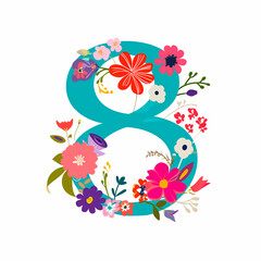 Fototapeta premium Painted number 8 made of flowers and leaves. Flower font concept. women's Day creative idea.