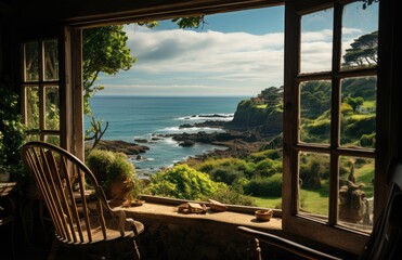 Fototapeta premium A tranquil escape awaits as the ocean sparkles under the sunny sky, framed by a window adorned with plants and furniture, inviting you to sit and soak in the breathtaking outdoor landscape of the coa
