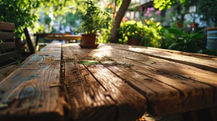 Wooden table at outdoor cafe with greenery.