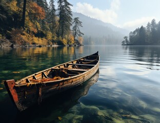 Fototapeta premium Amidst the tranquil waters and soaring mountains, a lone canoe navigates its way through the picturesque landscape, a symbol of freedom and adventure on the open water