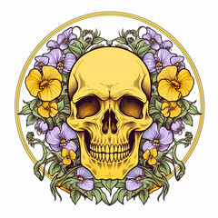 Fototapeta premium Decorative skull in tribal tattoo. Hand drawn colorful and black illustration isolated on white background. Floral pattern of plants