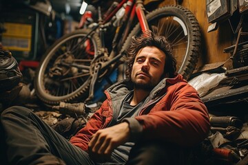 A solitary figure, dressed in worn clothing, sits in a cluttered garage next to a rusted bicycle wheel, lost in thought as he contemplates the open road and the freedom it represents