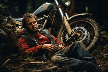 A man, caked in mud and wearing rugged clothing, sits next to his motorcycle in the dirt, his weary face a reflection of the long journey ahead