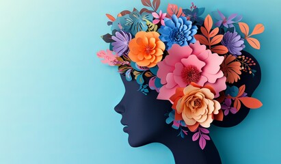 Woman head with floral decoration on blue background