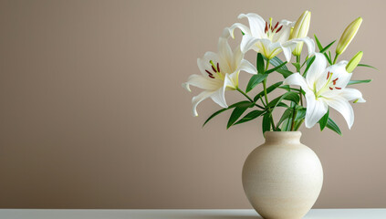 white lilies in a vase on a light gray background, in the style of minimalist backgrounds