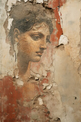 Cracked fresco with face of young woman, vintage damaged portrait on old wall, ancient painting. Concept of Roman Greek art, Renaissance, history, beauty, people, background,