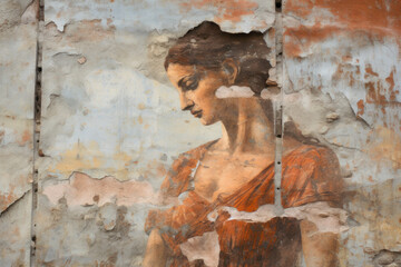Cracked painting with portrait of young woman, vintage damaged ancient fresco on old wall. Concept of Roman Greek art, Renaissance, face, beauty, people, texture, background,
