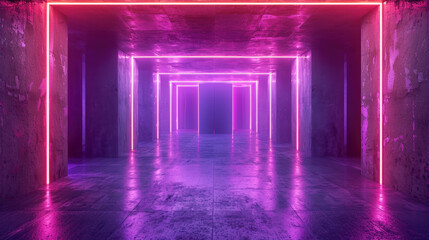 Fototapeta premium Neon underground garage background, perspective of empty modern hallway. Futuristic design of large room with led purple and red light, abstract dark hall interior. Concept of tunnel