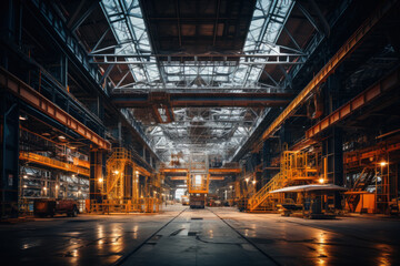 Fototapeta na wymiar Steel mill interior, warehouse of metallurgical plant, panorama inside storage or floor of iron cast factory. Theme of industry, construction, manufacture, metallurgy