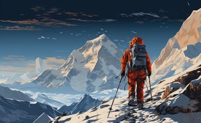 A lone mountaineer braves the treacherous winter conditions, equipped with hiking gear and a trusty trekking pole, as they ascend the snow-covered ridge towards the summit of the majestic mountain ra - obrazy, fototapety, plakaty