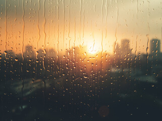 Obraz premium Rain drops dripping down a window overlooking a city at sunset