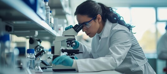Female scientist in lab coat and glasses with team in modern medical lab, copy space