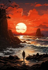 As the sun sets behind the rugged coastline, a lone figure stands silhouetted against the afterglow, lost in the peaceful beauty of the outdoor landscape