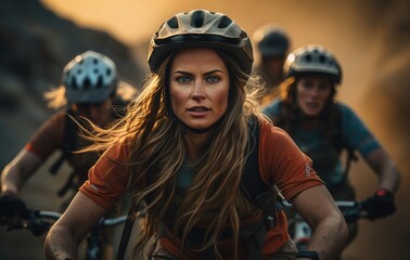 A determined cyclist, clad in protective gear and sporting a fierce helmet, confidently pedals her way through the scenic outdoors on her trusty bicycle