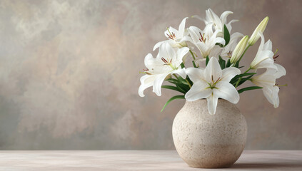 white lilies in a vase on a light gray background, in the style of minimalist backgrounds