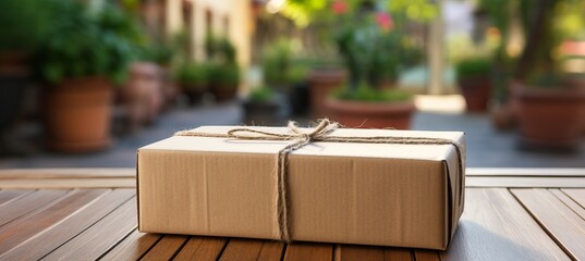 Online shopping delivery service conceptcardboard package delivered to front doorstep