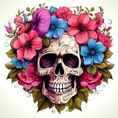 Fototapeta premium Decorative skull in tribal tattoo. Hand drawn colorful and black illustration isolated on white background. Floral pattern of plants
