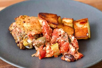 Healthy fresh meal on plate, vegetables, chicken. Homemade delicious lunch with chicken, potatoes, broccoli for restaurant, menu, advert or package, close up selective focus