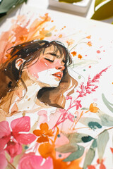 Watercolor painting of a woman with flowers.
