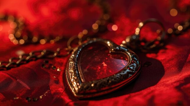 Beautiful, Golden Heart Shaped Locket on a Red Surface. Valentine&rsquo;s Day Background.