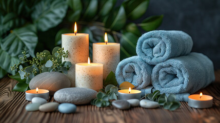 Obraz na płótnie Canvas Spa still life with burning candles, towels and zen stones on green background