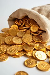 Gold bitcoins in sack bag on a white table