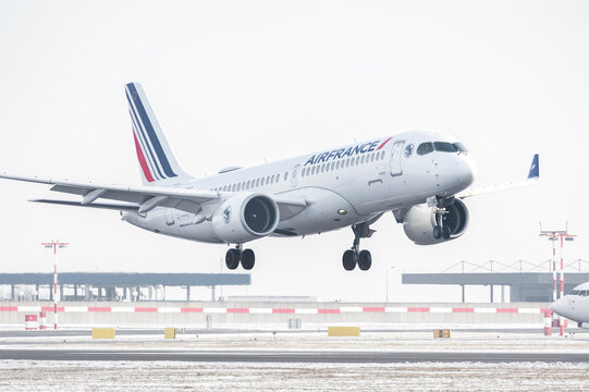 PRAGUE - January 21, 2024: Air France Airbus A220-300 REG:F-HZUC at Vaclav Havel Airport Prague. From Paris to Prague. AIRFRANCE is the flag carrier of France headquartered in Tremblay-en-France.
