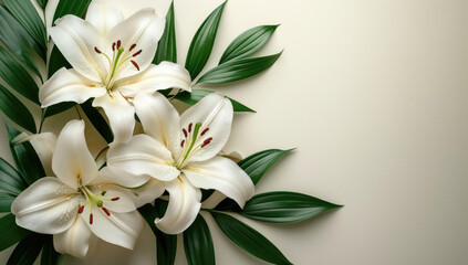 Fototapeta na wymiar white lilies on a white background, top view of a bouquet in Japanese style