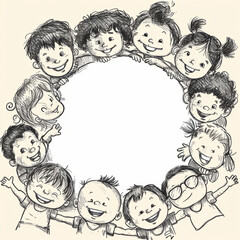 Sketch of happy kids around a blank circle for text.