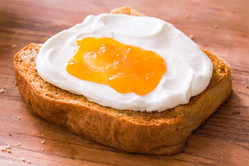 Toast with with cheese on wooden board. Healthy vegetarian breakfast, toasted bread with avocado, for menu, advert or package, selective focus