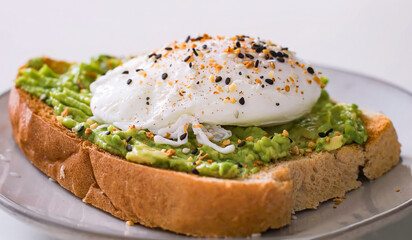 Avocado Toast with boiled Egg on plate. Healthy vegetarian breakfast, toasted bread with avocado, for menu, advert or package, selective focus