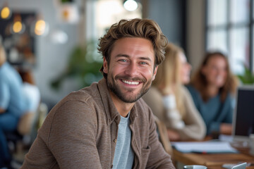 Fototapeta premium Portrait of a handsome young man in glasses standing in a creative office with his colleagues in the background