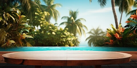 Fototapeta premium Tropical resort with empty table and pool, ideal for product display.