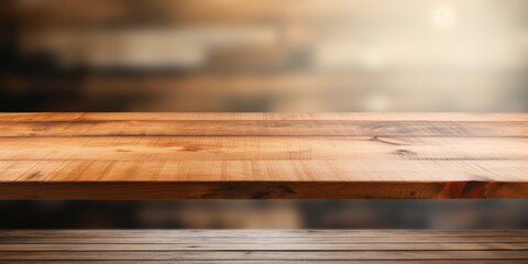 Blurred wooden table with a wooden board stand, Free space on table