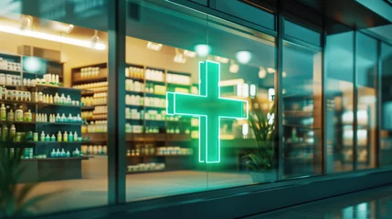 Zelfklevend Fotobehang Pharmacy with a glowing neon cross sign in an urban setting, showcasing the pharmacy's exterior with shelves of products visible through the window. © MP Studio