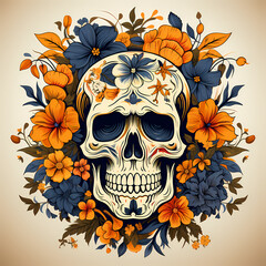 Fototapeta premium Decorative skull in tribal tattoo. Hand drawn colorful and black illustration isolated on colored background. Floral pattern of plants